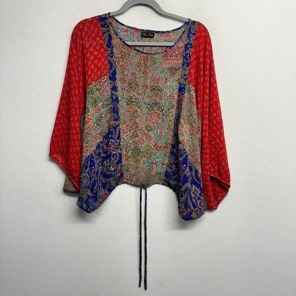 VTG Diane Fres Patchwork Tunic Blouse Red Blue Floral OSFM - Picture 1 of 5